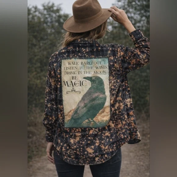 Angry Minnow Bleach Splatter Flannel Shirt Raven Graphic Boho Grunge Witchy XXL - Picture 2 of 16